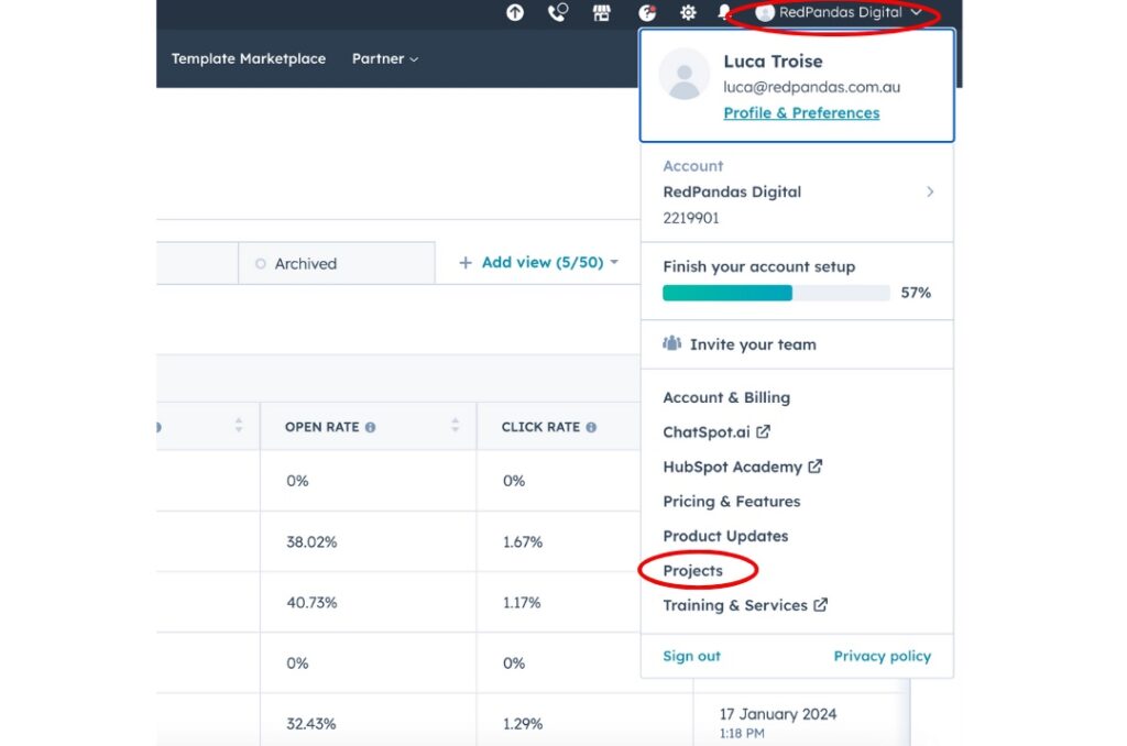screenshot of hubspot projects option